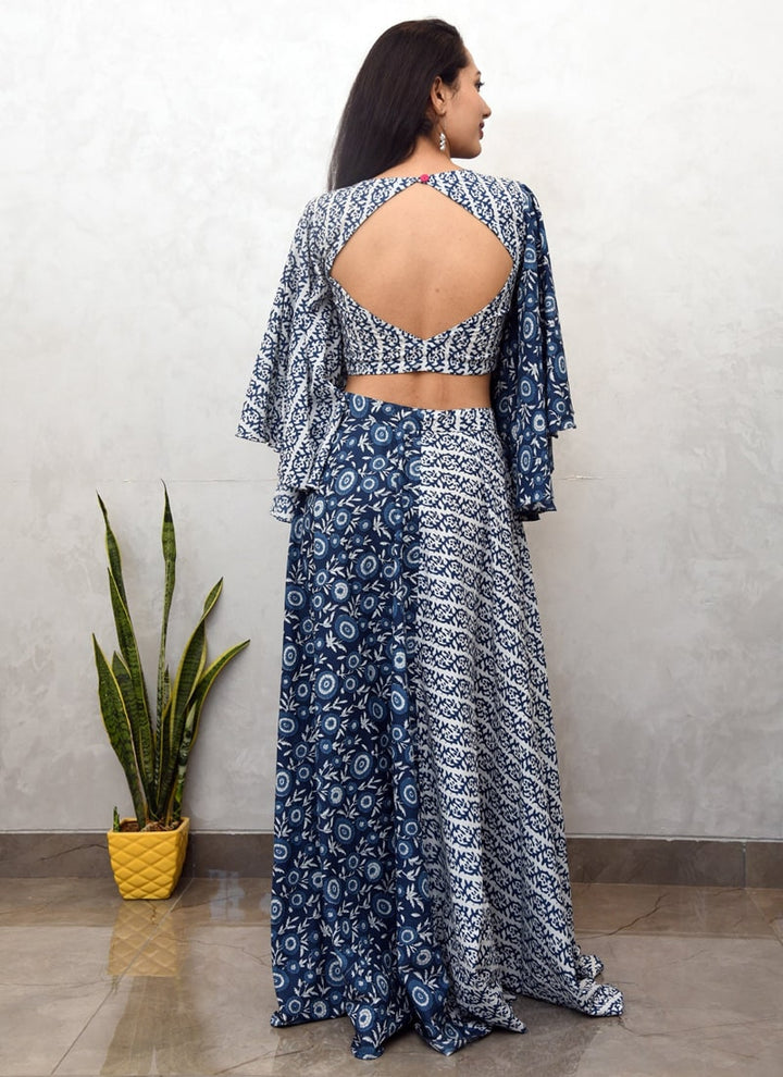 lassya Fashion Blue Printed Co-ord Indo Western Dress Set Pure Cotton Crop Top Skirt