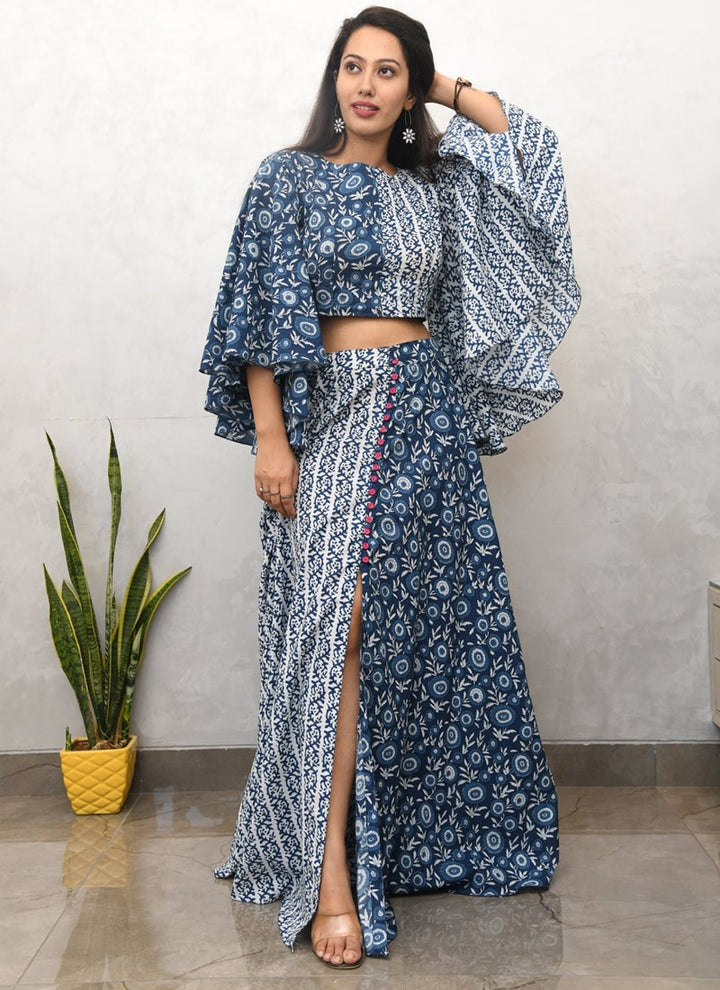 lassya Fashion Blue Printed Co-ord Indo Western Dress Set Pure Cotton Crop Top Skirt