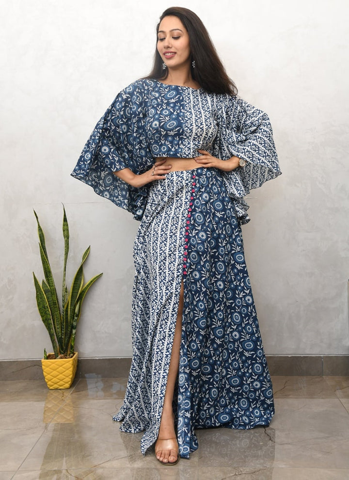 lassya Fashion Blue Printed Co-ord Indo Western Dress Set Pure Cotton Crop Top Skirt