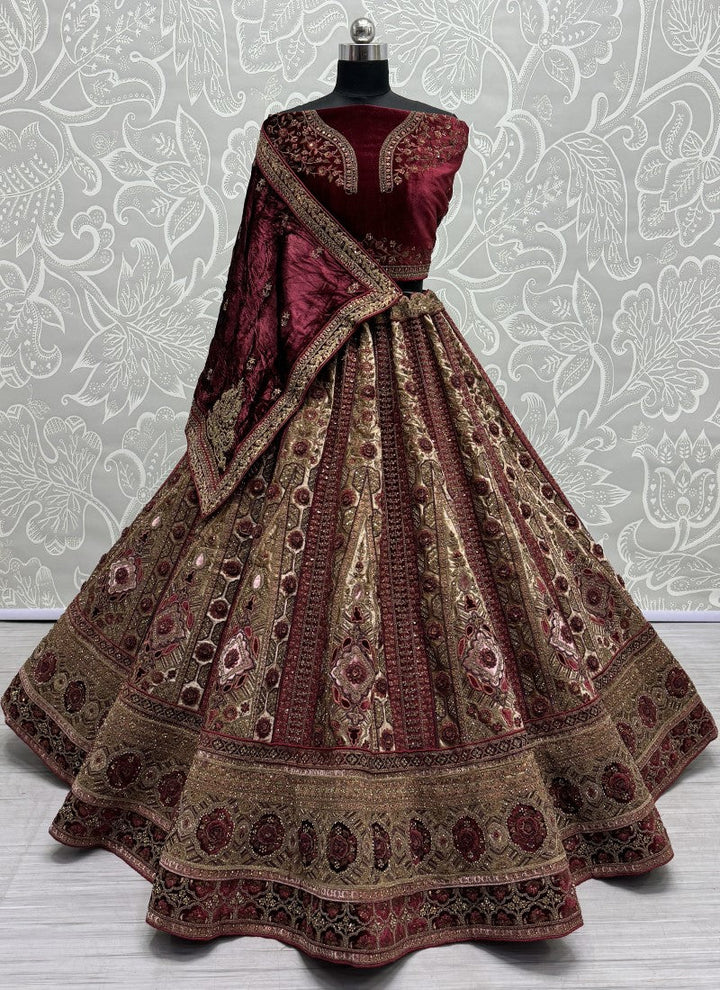 lassya Fashion Maroon Velvet Wedding Lehenga Set with Dori Embroidery