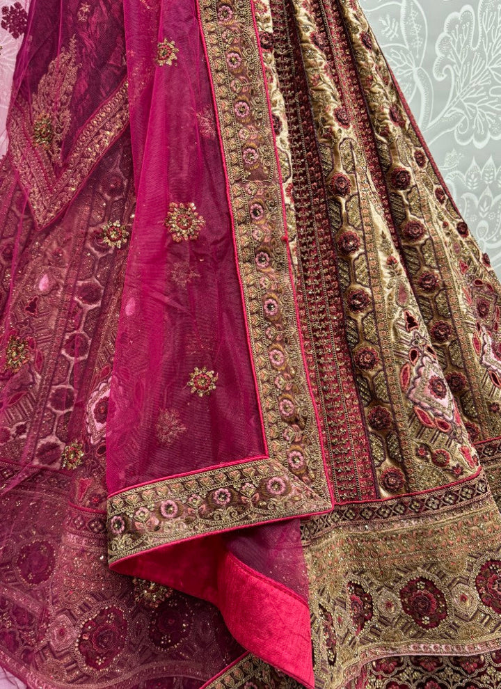 lassya Fashion Maroon Velvet Wedding Lehenga Set with Dori Embroidery