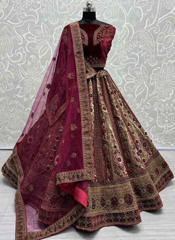 lassya Fashion Maroon Velvet Wedding Lehenga Set with Dori Embroidery