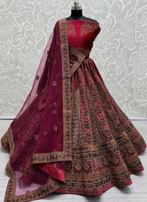 lassya Fashion Wine Red Velvet Wedding Lehenga Set with Heavy Embroidery