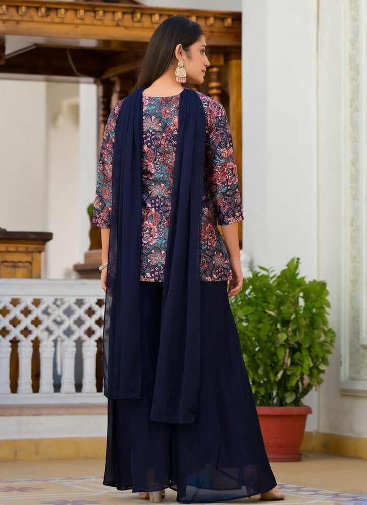 lassya Fashion Navy Blue Digital Floral Print Designer Palazzo Suit with Heavy Handwork