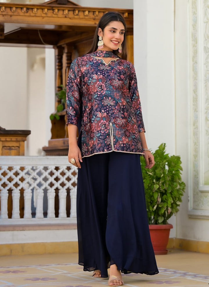 lassya Fashion Navy Blue Digital Floral Print Designer Palazzo Suit with Heavy Handwork