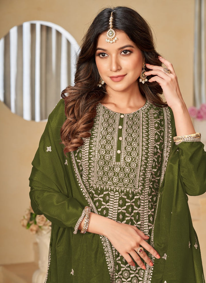 lassya Fashion Olive Green Embroidered Chinon Sharara Suit Set