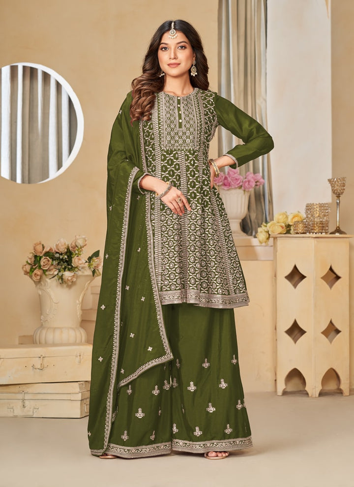 lassya Fashion Olive Green Embroidered Chinon Sharara Suit Set