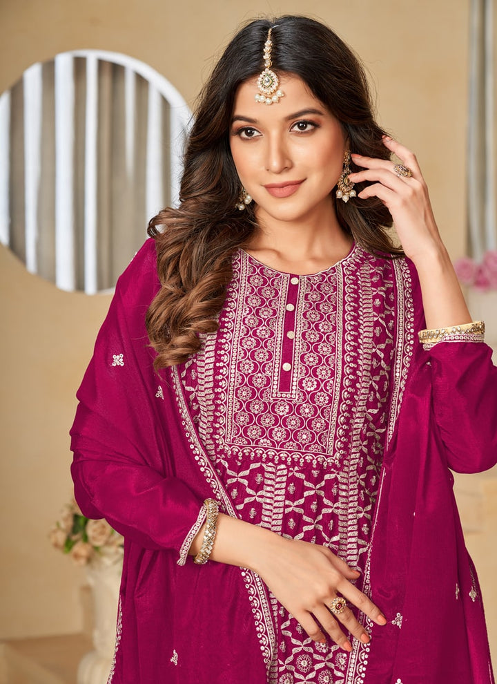 lassya Fashion Ruby Pink Embroidered Chinon Sharara Suit Set