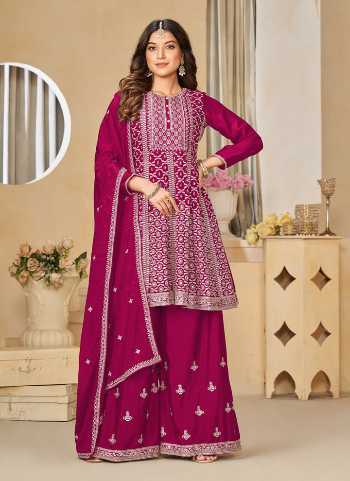 lassya Fashion Ruby Pink Embroidered Chinon Sharara Suit Set