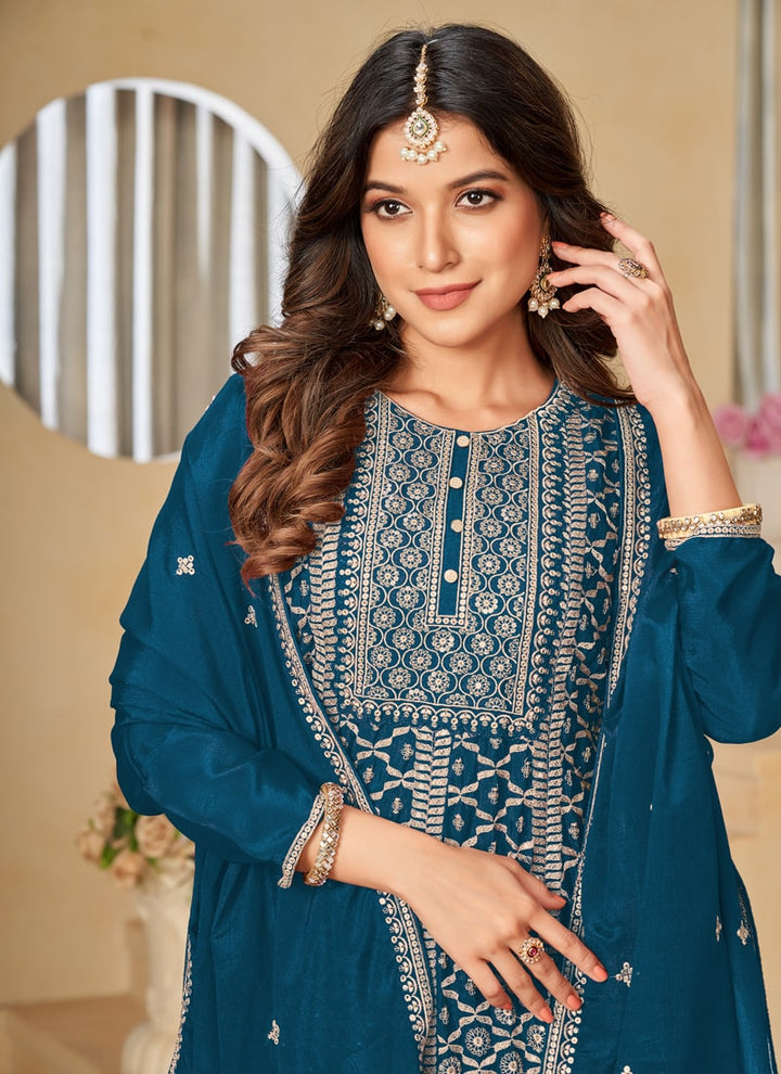 lassya Fashion Teal Green Embroidered Chinon Sharara Suit Set