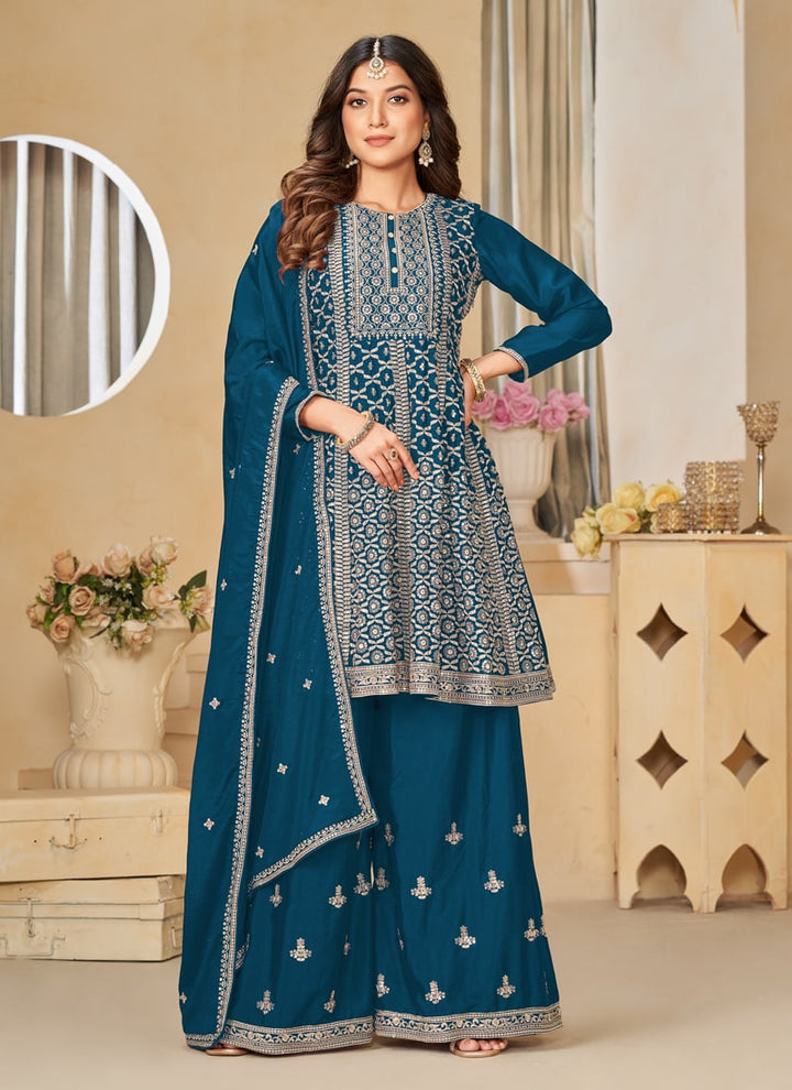 lassya Fashion Teal Green Embroidered Chinon Sharara Suit Set