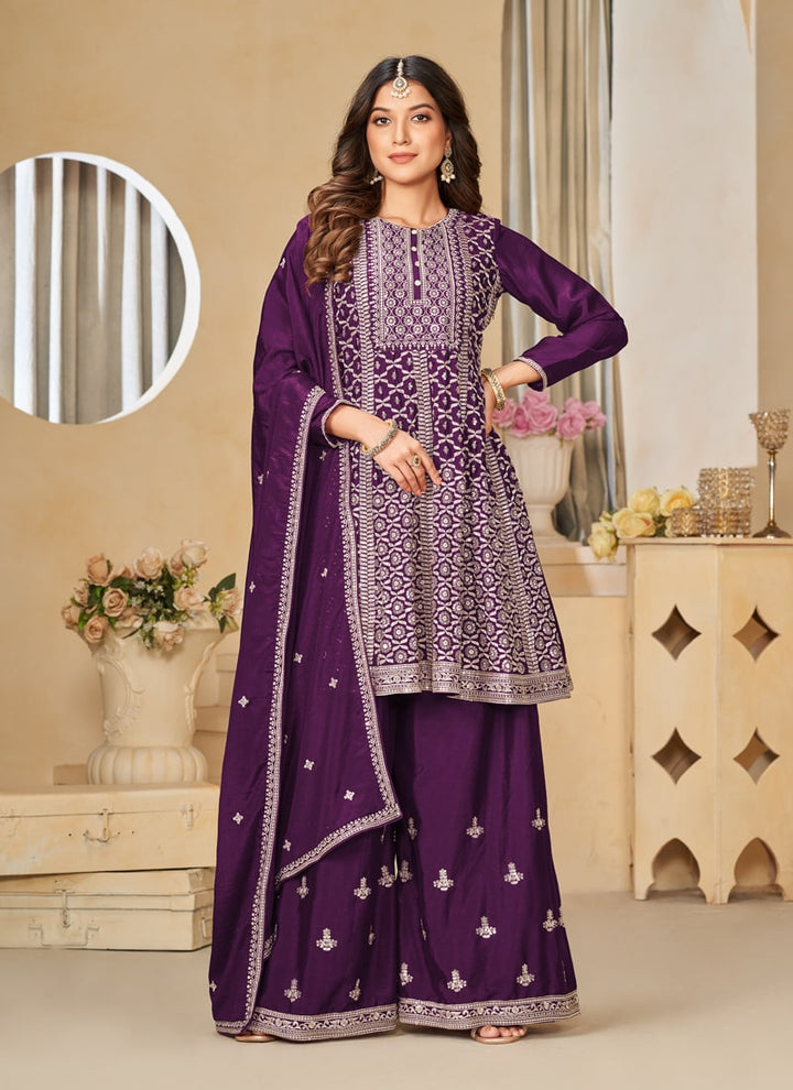 lassya Fashion Purple Embroidered Chinon Sharara Suit Set