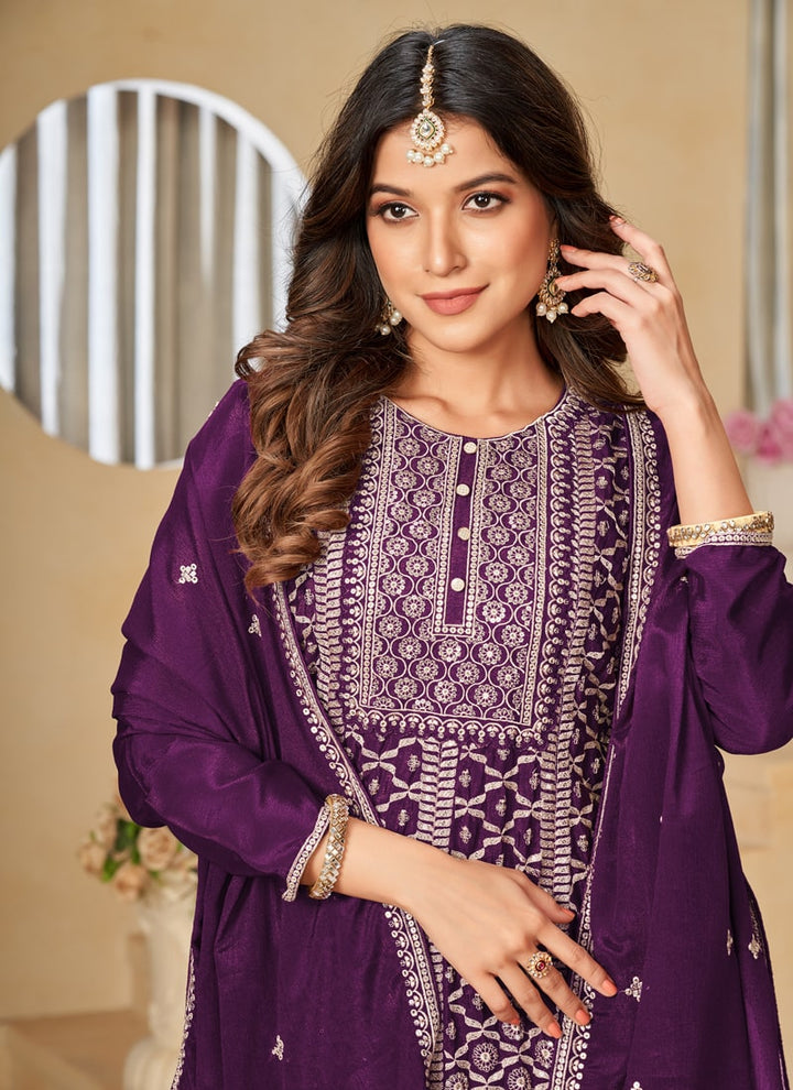 lassya Fashion Purple Embroidered Chinon Sharara Suit Set