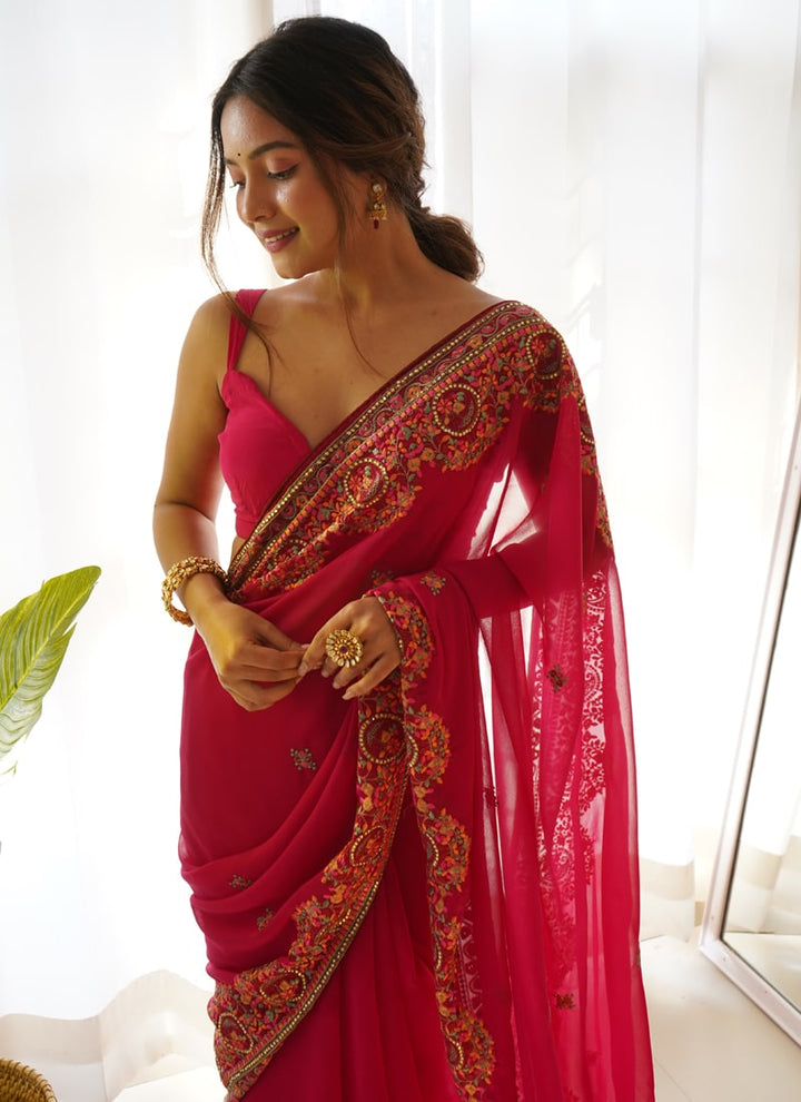 lassya Fashion Barbie Pink Thread Embroidered Georgette Party Saree with Silk Blouse