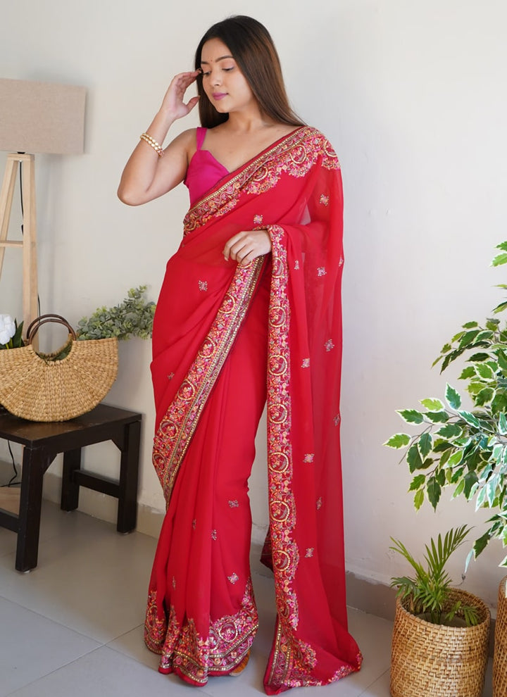 lassya Fashion Red Thread Embroidered Georgette Party Saree with Silk Blouse