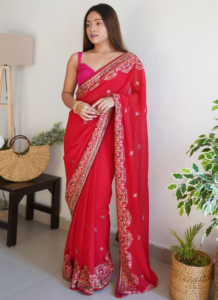 lassya Fashion Red Thread Embroidered Georgette Party Saree with Silk Blouse