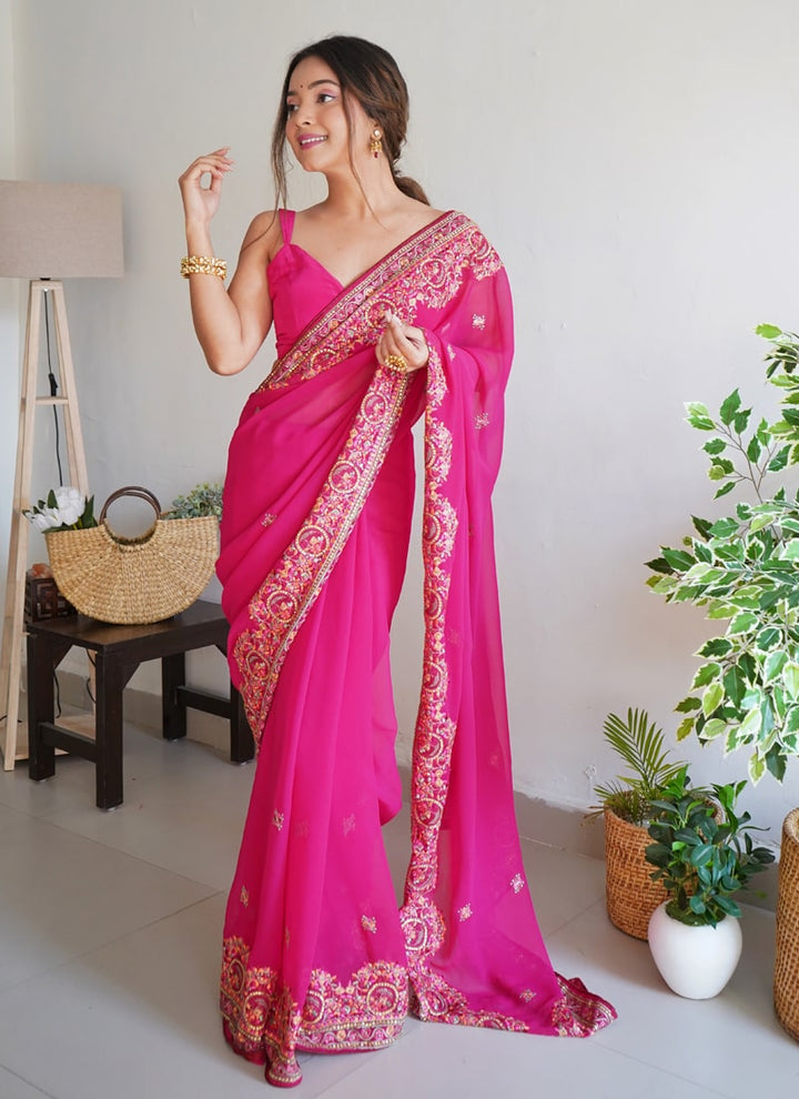 lassya Fashion Bougainvillea Pink Thread Embroidered Georgette Party Saree with Silk Blouse