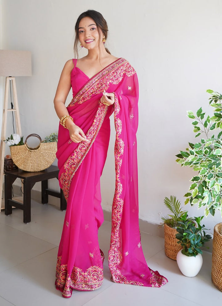 lassya Fashion Bougainvillea Pink Thread Embroidered Georgette Party Saree with Silk Blouse