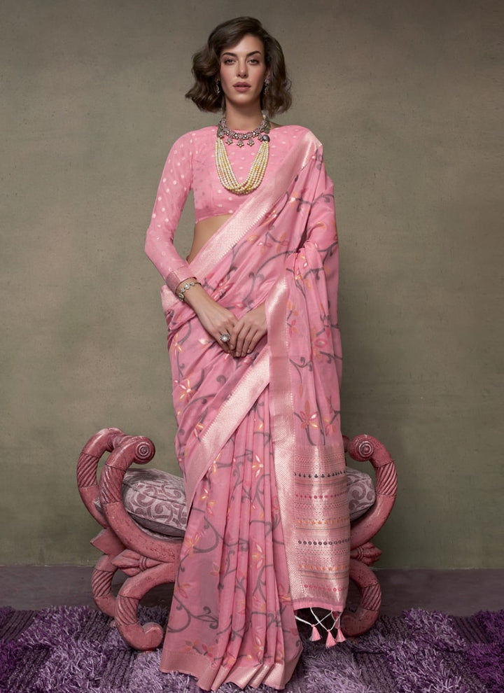 lassya Fashion Pink Handwoven Cotton Jamdani Party Saree with Brocade Blouse