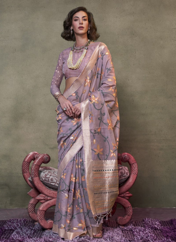 lassya Fashion Lavender Handwoven Cotton Jamdani Party Saree with Brocade Blouse