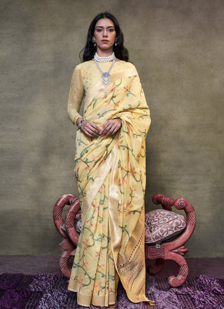 lassya Fashion Light Yellow Handwoven Cotton Jamdani Party Saree with Brocade Blouse