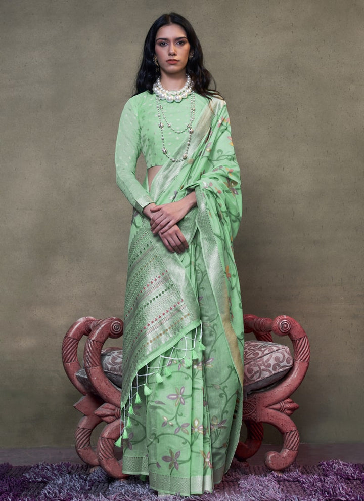 lassya Fashion Pista Green Handwoven Cotton Jamdani Party Saree with Brocade Blouse