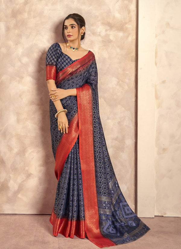 lassya Fashion Navy Blue Foil Print Soft Dola Silk Saree with Contrast Jacquard Border