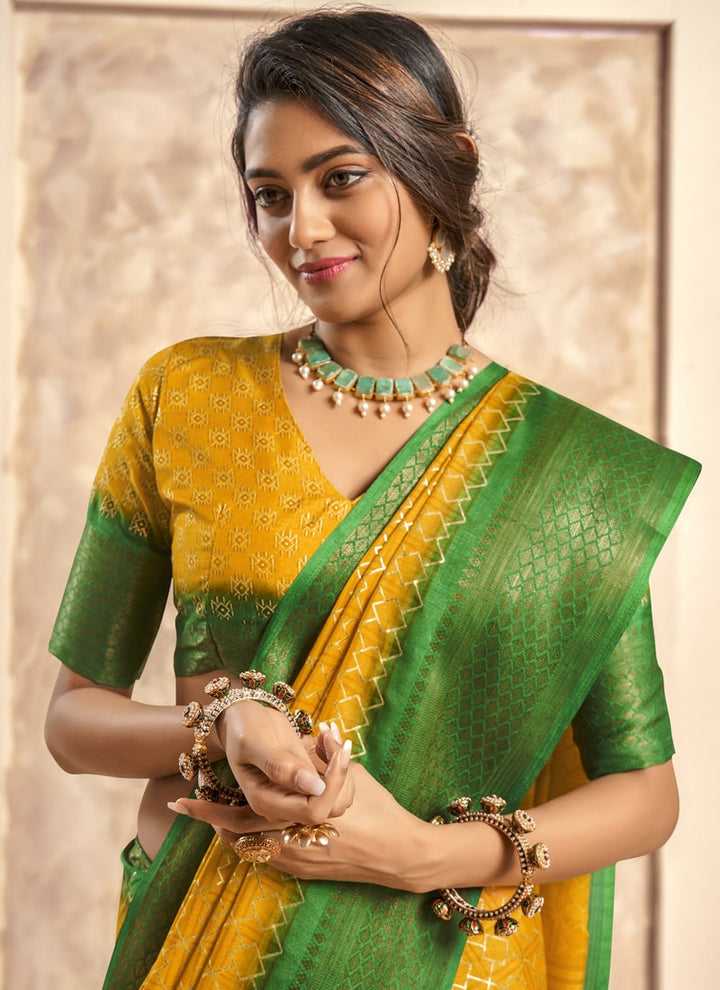 lassya Fashion Mustard Yellow Foil Print Soft Dola Silk Saree with Contrast Jacquard Border