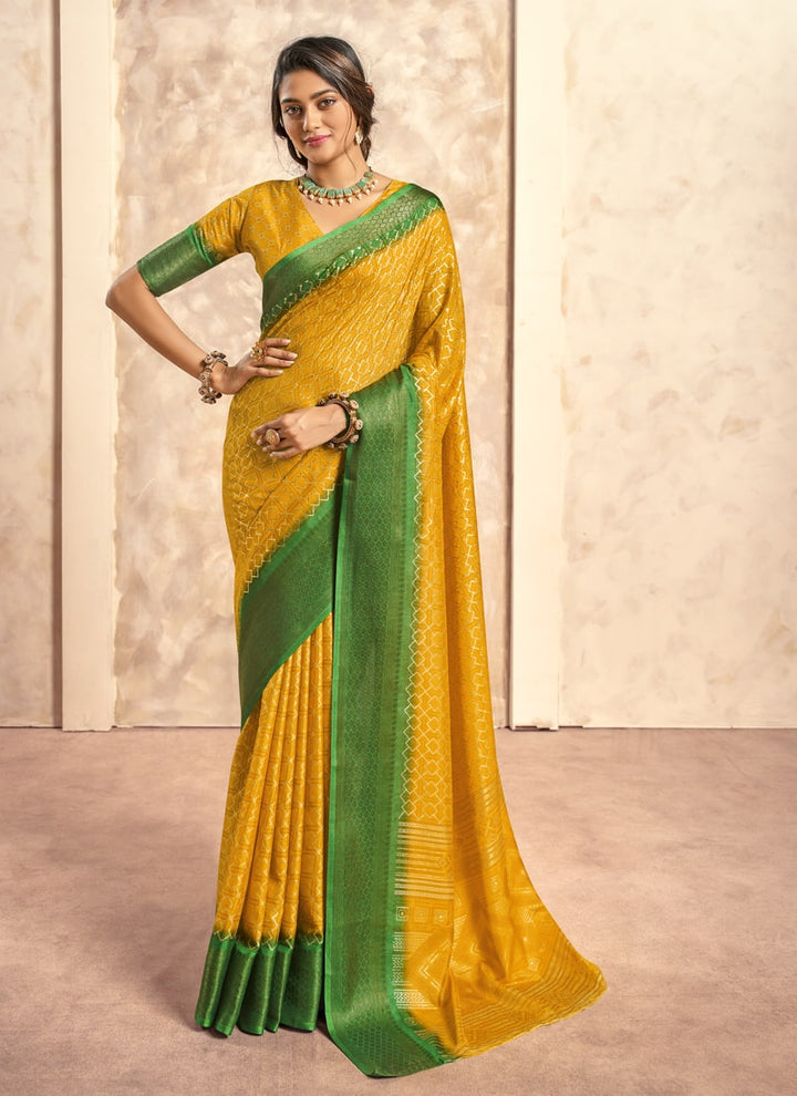 lassya Fashion Mustard Yellow Foil Print Soft Dola Silk Saree with Contrast Jacquard Border