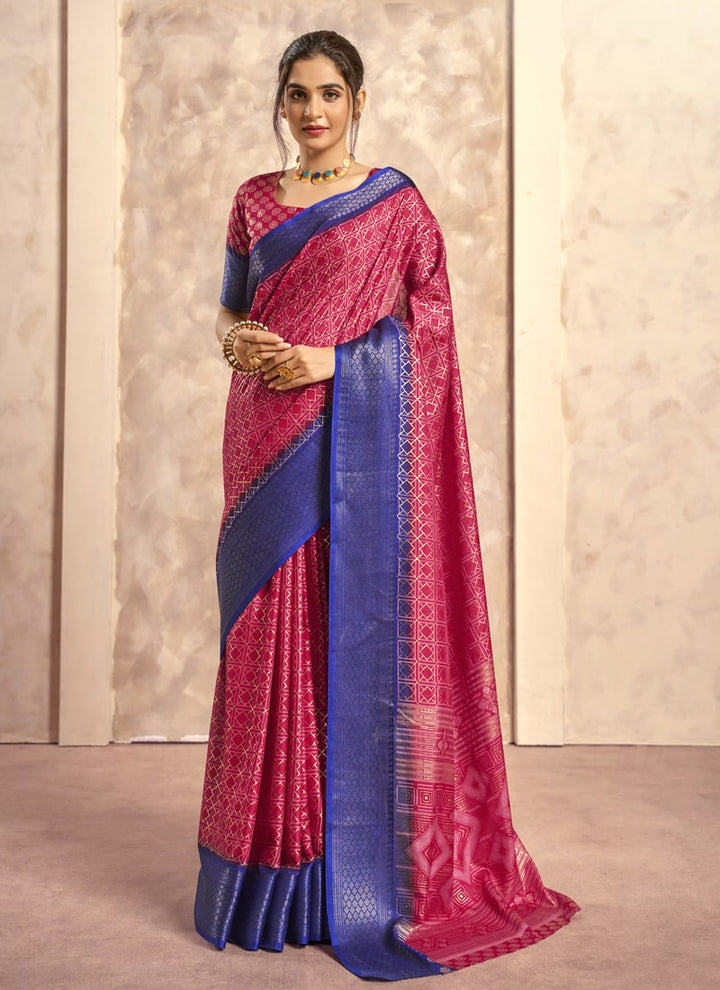 lassya Fashion Crimson Red Foil Print Soft Dola Silk Saree with Contrast Jacquard Border