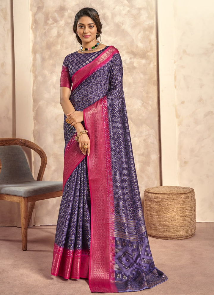 lassya Fashion Blue Berry Foil Print Soft Dola Silk Saree with Contrast Jacquard Border