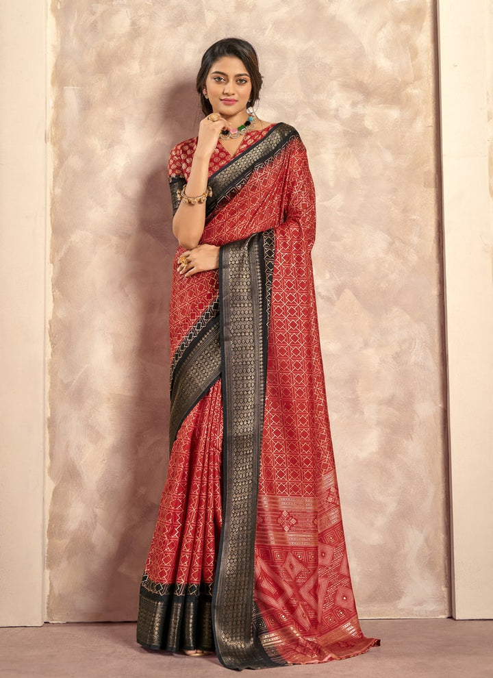 lassya Fashion Mahogany Red Foil Print Soft Dola Silk Saree with Contrast Jacquard Border