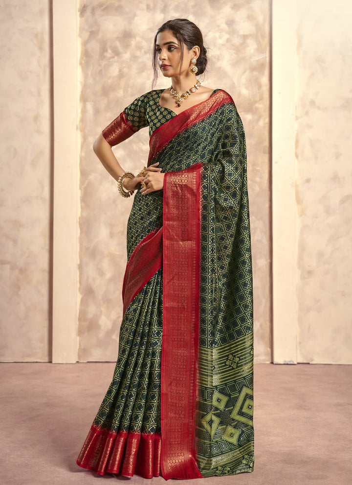 lassya Fashion Dark Green Foil Print Soft Dola Silk Saree with Contrast Jacquard Border