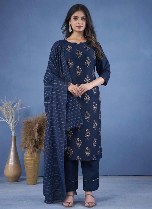 lassya Fashion Blue Foil Print Womens Kurta Pant Set with Cotton Dupatta