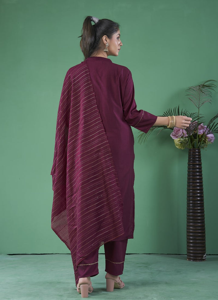 lassya Fashion Maroon Foil Print Womens Kurta Pant Set with Cotton Dupatta