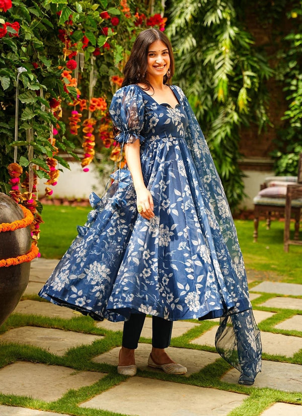 lassya Fashion Navy Blue Heavy Digital Print Anarkali Dress Set with Tebby Silk Dupatta