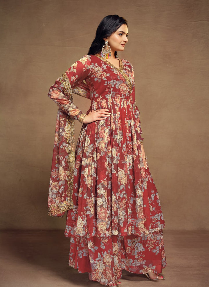 lassya Fashion Red Printed Palazzo Suit Set with Zari Work and Sequins Detailing