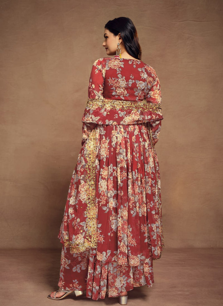 lassya Fashion Red Printed Palazzo Suit Set with Zari Work and Sequins Detailing