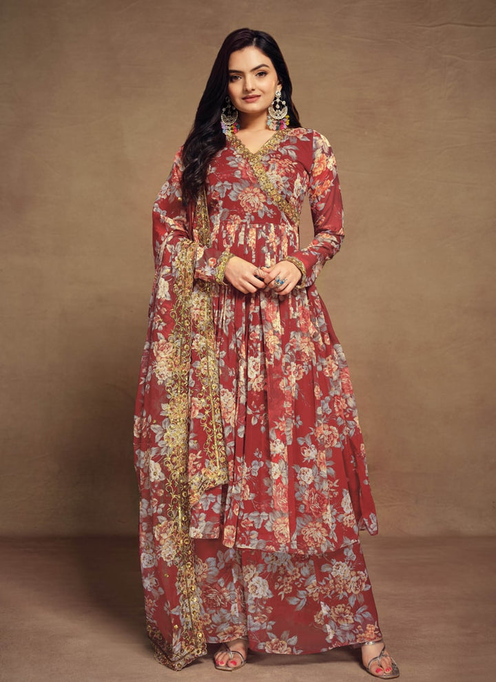 lassya Fashion Red Printed Palazzo Suit Set with Zari Work and Sequins Detailing