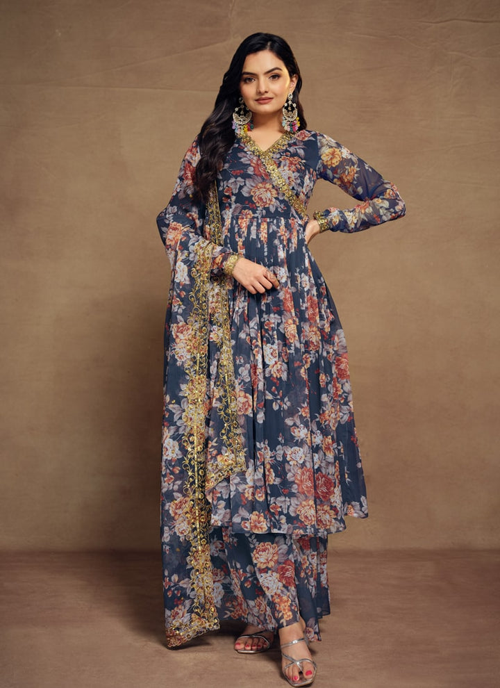 lassya Fashion Blue Printed Palazzo Suit Set with Zari Work and Sequins Detailing