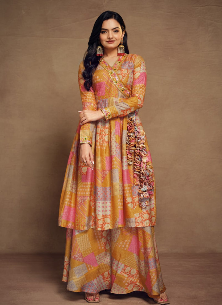 lassya Fashion Marigold Orange Printed Palazzo Suit Set with Embroidery Detailing