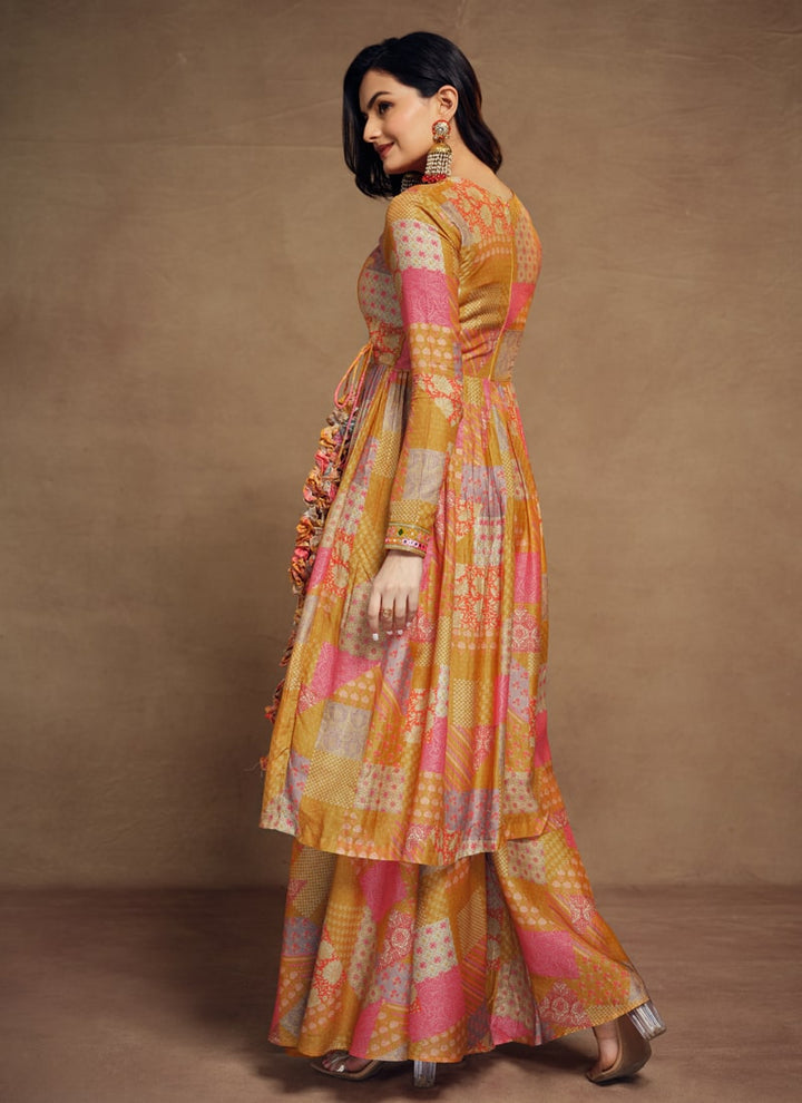 lassya Fashion Marigold Orange Printed Palazzo Suit Set with Embroidery Detailing