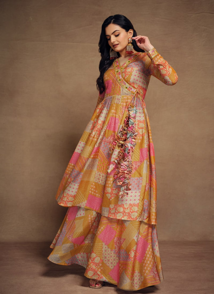 lassya Fashion Marigold Orange Printed Palazzo Suit Set with Embroidery Detailing