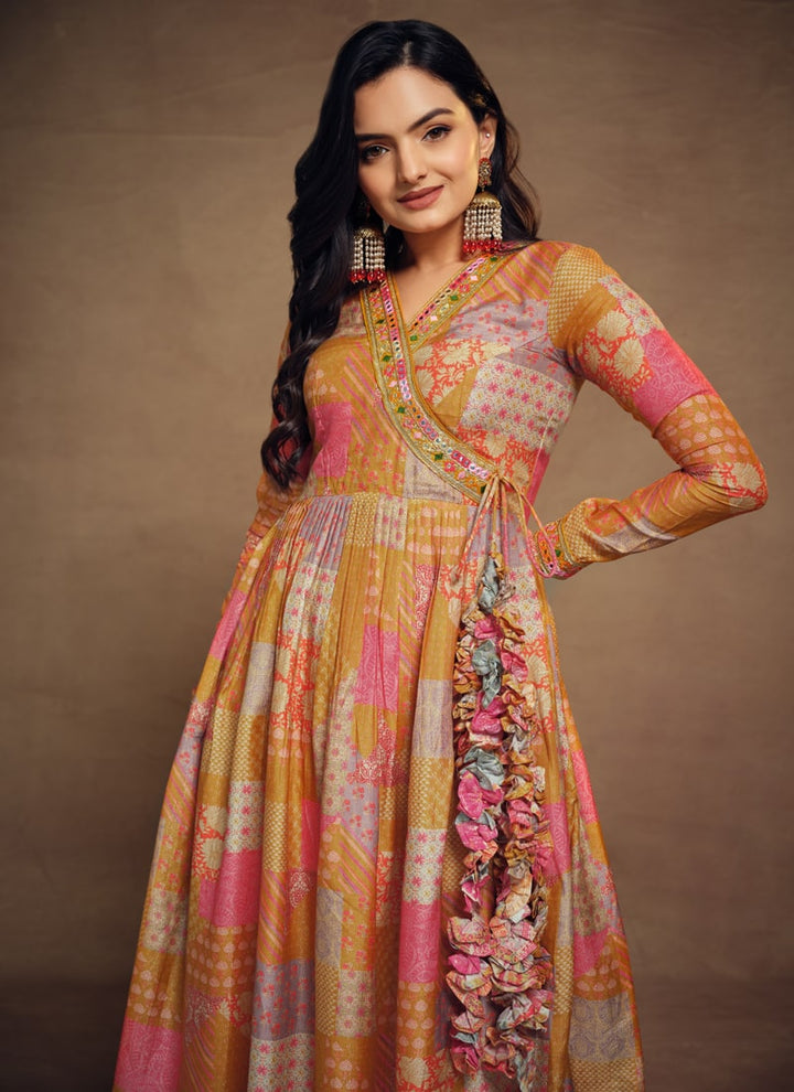 lassya Fashion Marigold Orange Printed Palazzo Suit Set with Embroidery Detailing