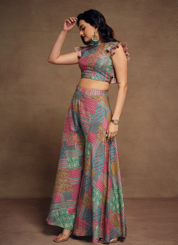 lassya Fashion Flint Grey Printed Indo-Western Dress with Handmade Tassels Detailing