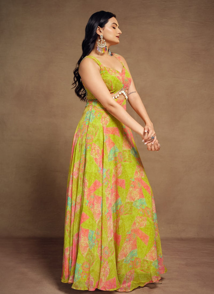 lassya Fashion Yellow-Green Printed Indo-Western Dress with Artificial Tassels Detailing