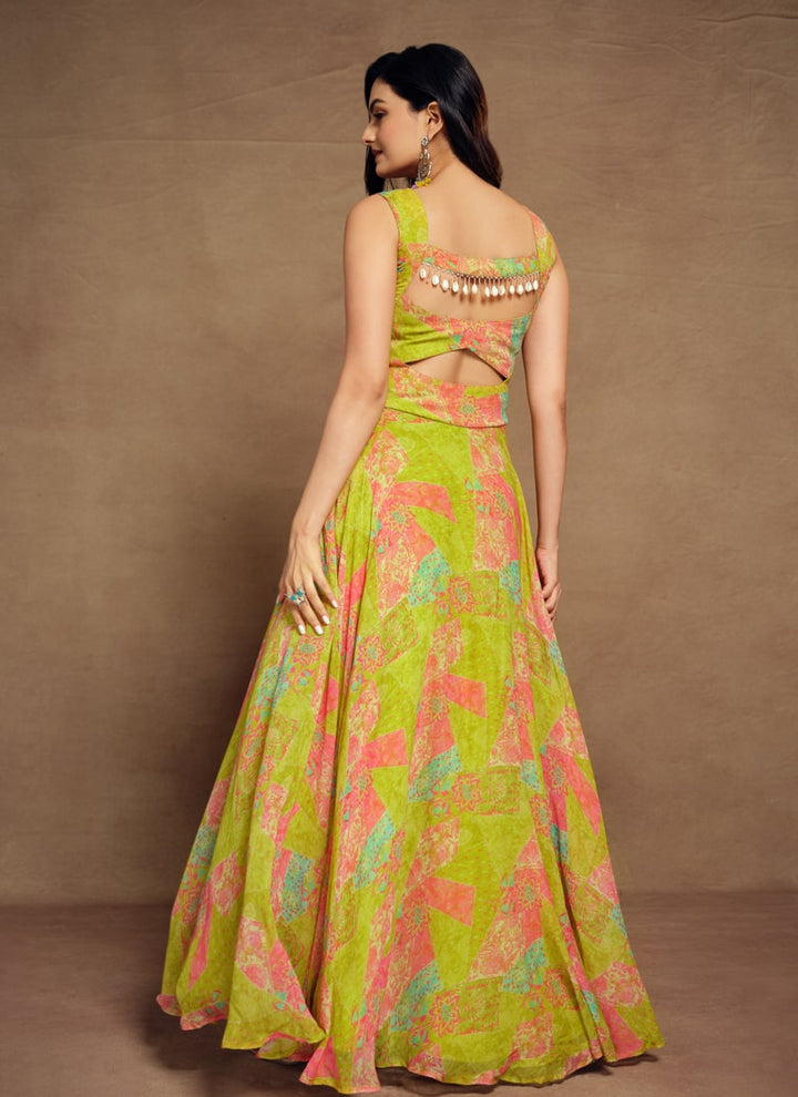 lassya Fashion Yellow-Green Printed Indo-Western Dress with Artificial Tassels Detailing