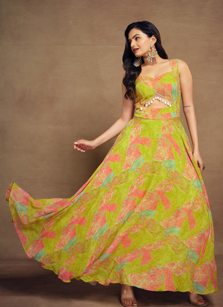 lassya Fashion Yellow-Green Printed Indo-Western Dress with Artificial Tassels Detailing