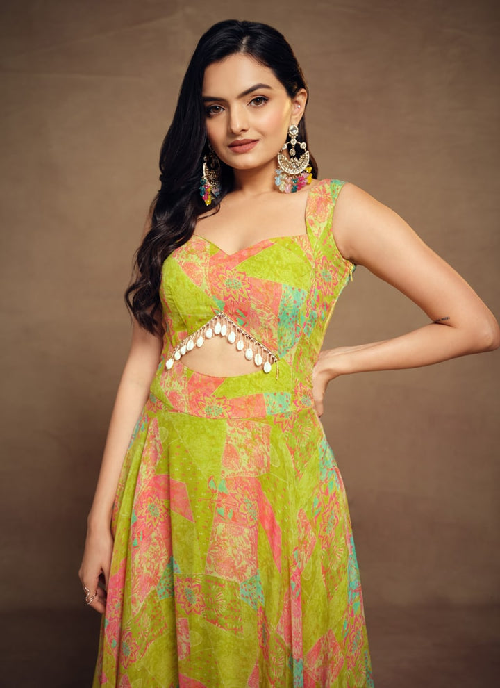 lassya Fashion Yellow-Green Printed Indo-Western Dress with Artificial Tassels Detailing