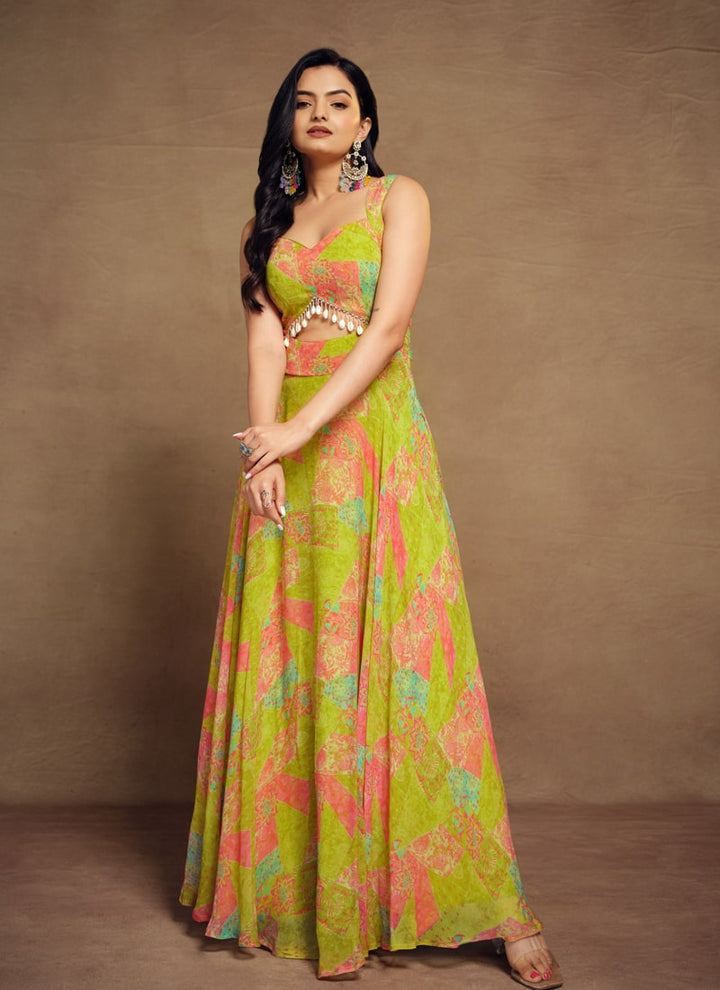 lassya Fashion Yellow-Green Printed Indo-Western Dress with Artificial Tassels Detailing